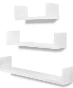 3 White MDF U-shaped Floating Wall Display Shelves Book/DVD Storage