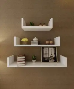 3 White MDF U-shaped Floating Wall Display Shelves Book/DVD Storage