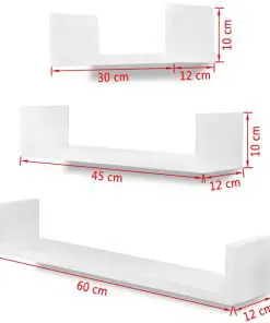 3 White MDF U-shaped Floating Wall Display Shelves Book/DVD Storage