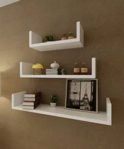 3 White MDF U-shaped Floating Wall Display Shelves Book/DVD Storage