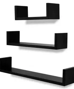 3 Black MDF U-shaped Floating Wall Display Shelves Book/DVD Storage
