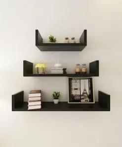 3 Black MDF U-shaped Floating Wall Display Shelves Book/DVD Storage