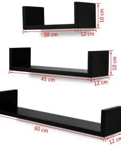 3 Black MDF U-shaped Floating Wall Display Shelves Book/DVD Storage
