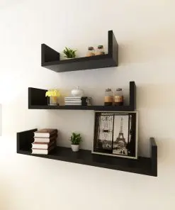 3 Black MDF U-shaped Floating Wall Display Shelves Book/DVD Storage