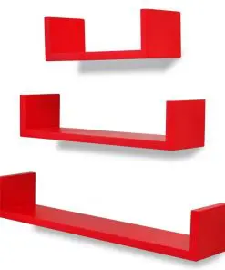 3 Red MDF U-shaped Floating Wall Display Shelves Book/DVD Storage