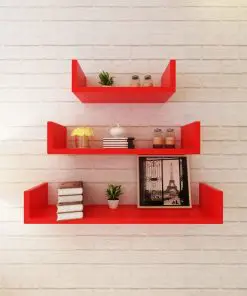 3 Red MDF U-shaped Floating Wall Display Shelves Book/DVD Storage