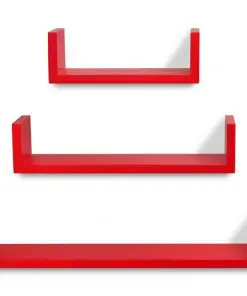 3 Red MDF U-shaped Floating Wall Display Shelves Book/DVD Storage