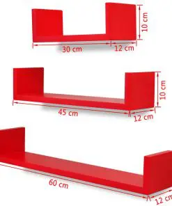 3 Red MDF U-shaped Floating Wall Display Shelves Book/DVD Storage