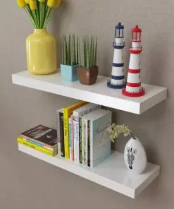 2 White MDF Floating Wall Display Shelves Book/DVD Storage