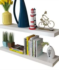 2 White MDF Floating Wall Display Shelves Book/DVD Storage