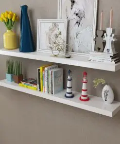 2 White MDF Floating Wall Display Shelves Book/DVD Storage