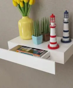 White MDF Floating Wall Display Shelf 1 Drawer Book/DVD Storage