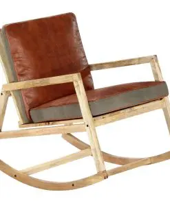 vidaXL Rocking Chair Brown Real Leather and Solid Mango Wood