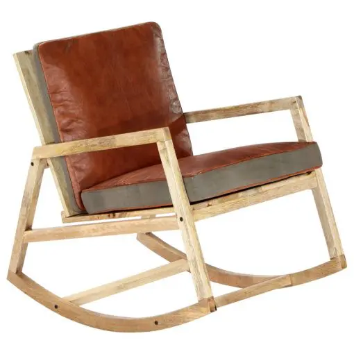 vidaXL Rocking Chair Brown Real Leather and Solid Mango Wood