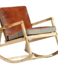 vidaXL Rocking Chair Brown Real Leather and Solid Mango Wood