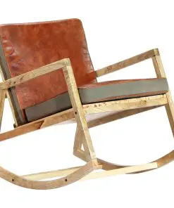 vidaXL Rocking Chair Brown Real Leather and Solid Mango Wood