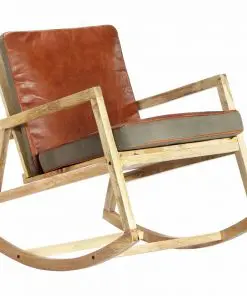 vidaXL Rocking Chair Brown Real Leather and Solid Mango Wood