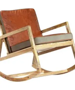 vidaXL Rocking Chair Brown Real Leather and Solid Mango Wood