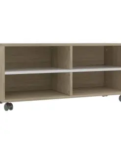 vidaXL TV Cabinet with Castors White and Sonoma Oak 90x35x35 cm Chipboard