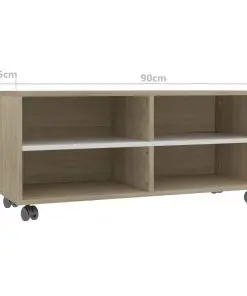 vidaXL TV Cabinet with Castors White and Sonoma Oak 90x35x35 cm Chipboard