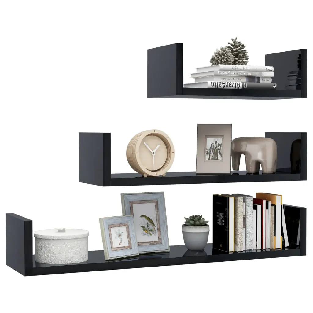 vidaXL Wall Display Shelf 3 pcs High Gloss Black Chipboard