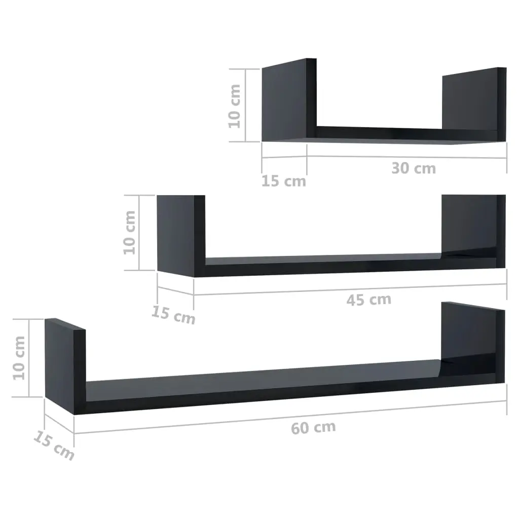 vidaXL Wall Display Shelf 3 pcs High Gloss Black Chipboard