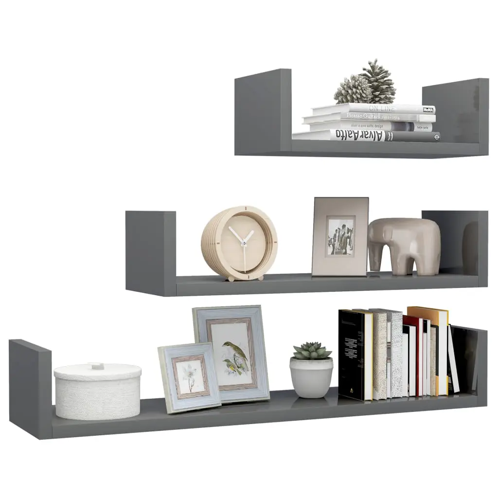 vidaXL Wall Display Shelf 3 pcs High Gloss Grey Chipboard