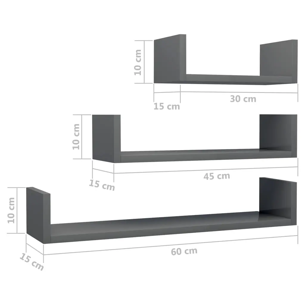 vidaXL Wall Display Shelf 3 pcs High Gloss Grey Chipboard