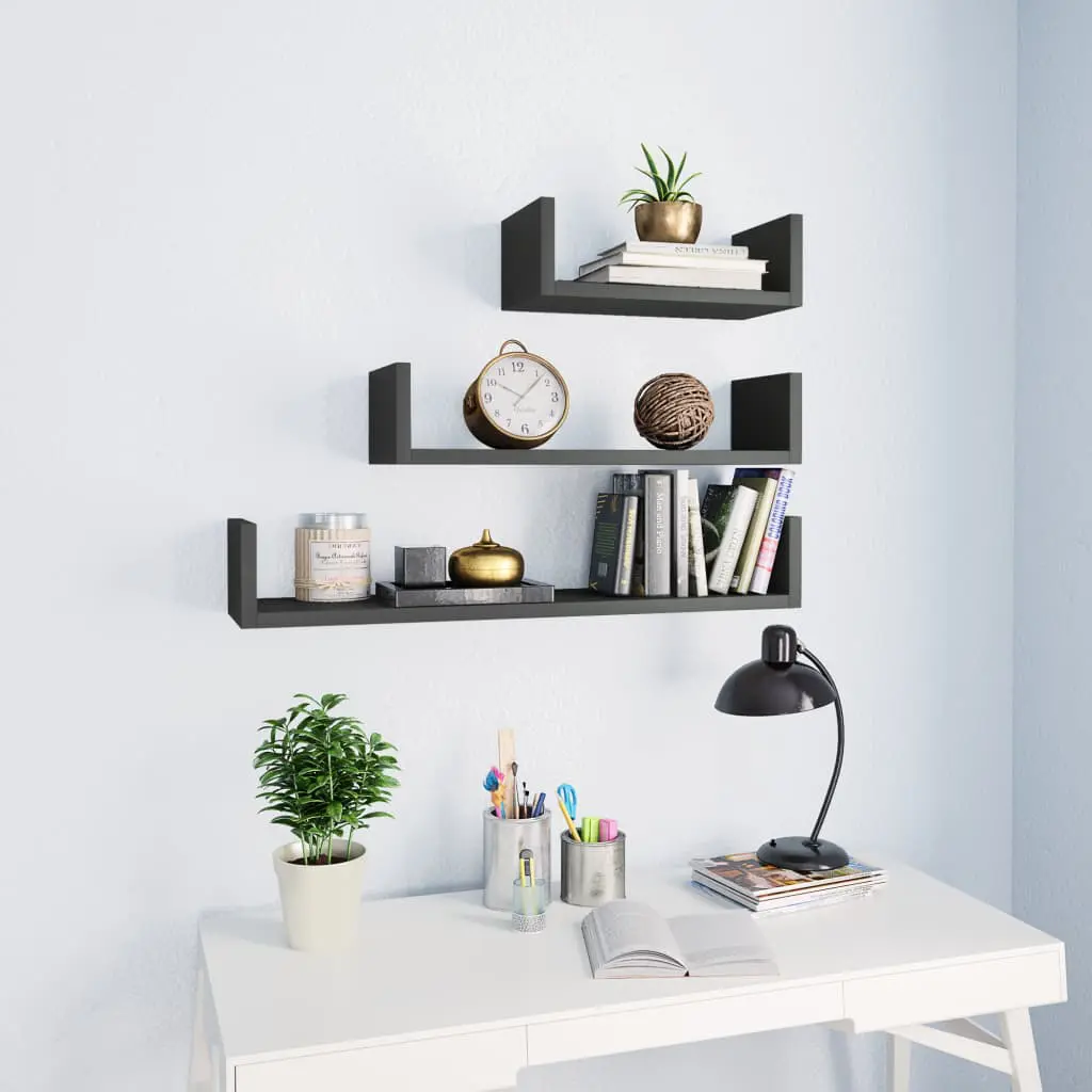 vidaXL Wall Display Shelf 3 pcs High Gloss Grey Chipboard