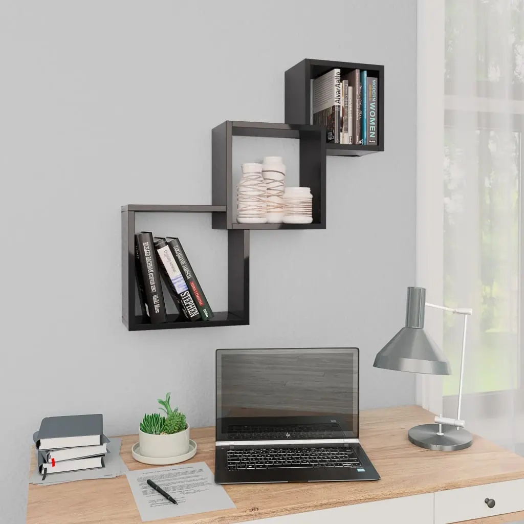 vidaXL Cube Wall Shelves High Gloss Black 84.5x15x27 cm Chipboard