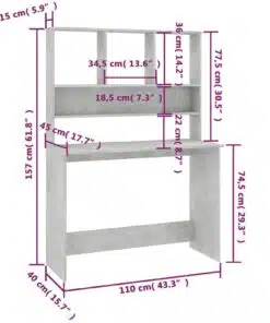 vidaXL Desk with Shelves Concrete Grey 110x45x157 cm Chipboard