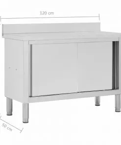 vidaXL Work Table with Sliding Doors 120x50x95 cm Stainless Steel