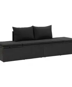 vidaXL Sun Bed with Cushions Poly Rattan Black