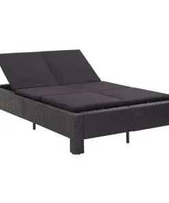 vidaXL 2-Person Sunbed with Cushion Black Poly Rattan