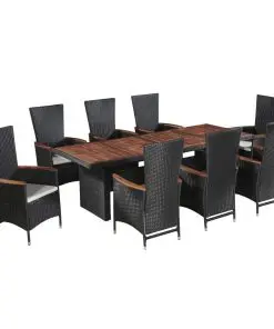 vidaXL 9 Piece Outdoor Dining Set with Cushions Poly Rattan Black
