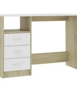 vidaXL Desk with Drawers White and Sonoma Oak 110x50x76 cm Chipboard