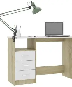 vidaXL Desk with Drawers White and Sonoma Oak 110x50x76 cm Chipboard