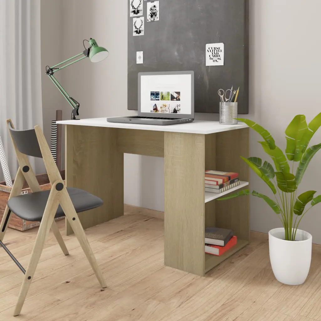 vidaXL Desk White and Sonoma Oak 110x60x73 cm Chipboard