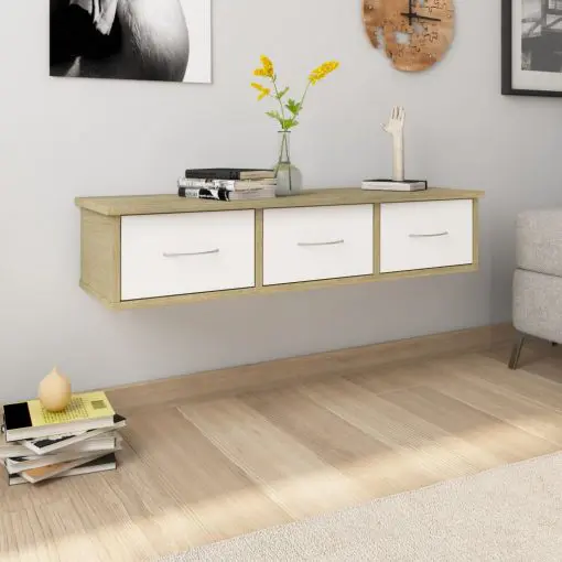 vidaXL Wall-mounted Drawer Shelf White and Sonoma Oak 88x26x18.5 cm Chipboard