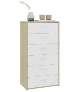 vidaXL Sideboard with 6 Drawers White and Sonoma Oak 50x34x96 cm Chipboard