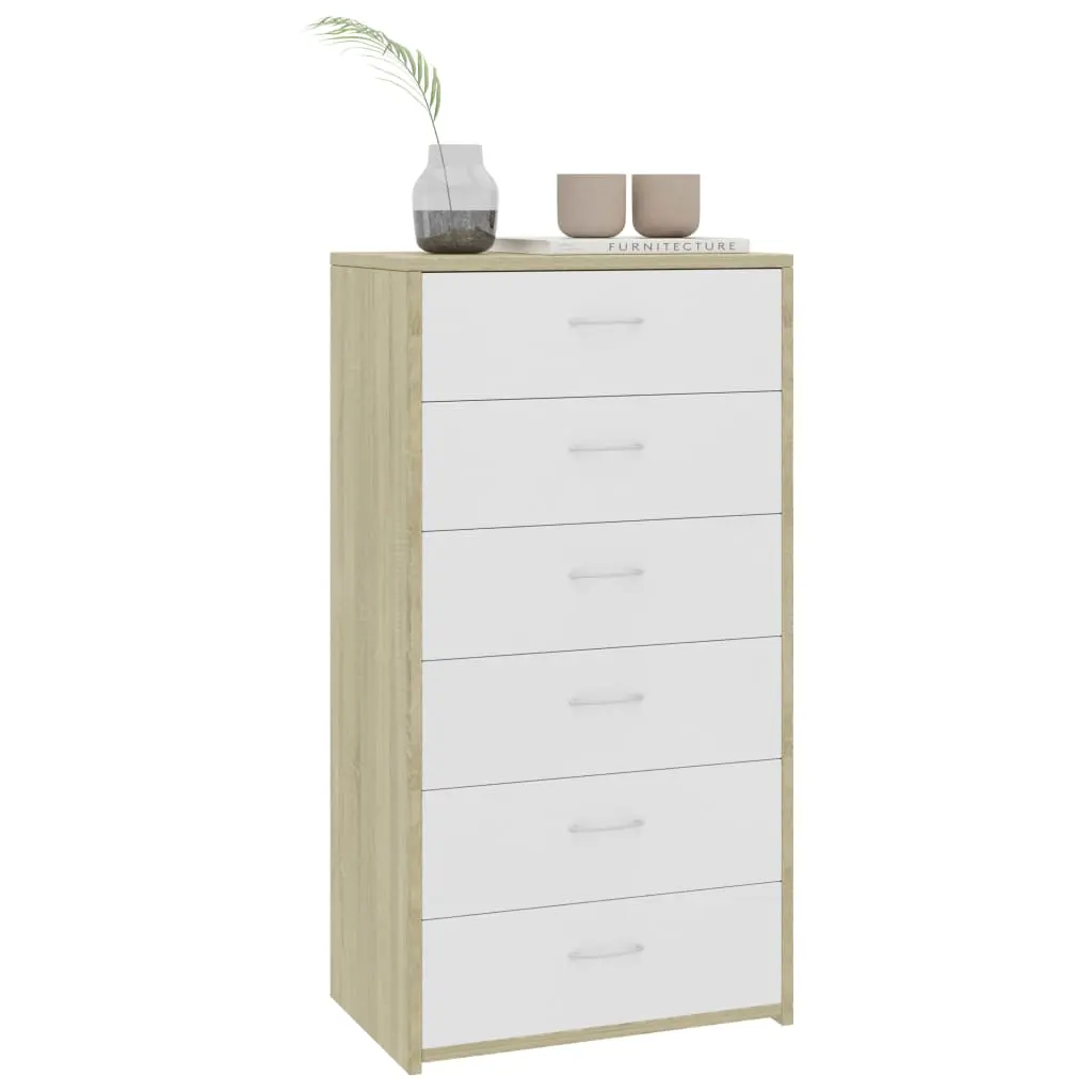 vidaXL Sideboard with 6 Drawers White and Sonoma Oak 50x34x96 cm Chipboard