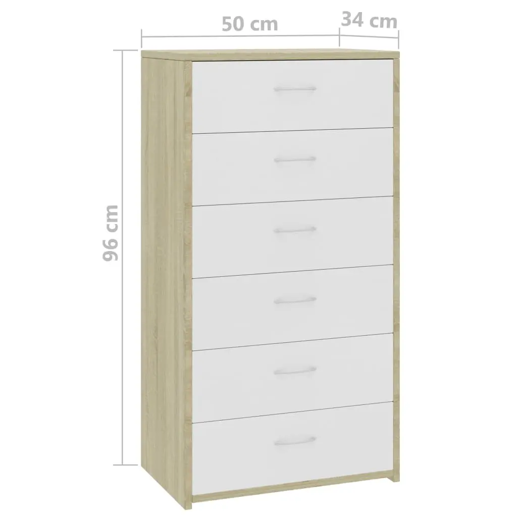 vidaXL Sideboard with 6 Drawers White and Sonoma Oak 50x34x96 cm Chipboard