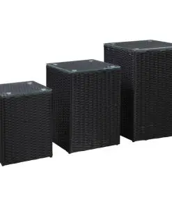 vidaXL Side Tables 3 pcs with Glass Top Black Poly Rattan
