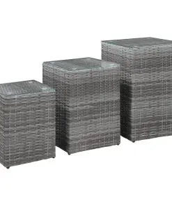 vidaXL Side Tables 3 pcs with Glass Top Grey Poly Rattan