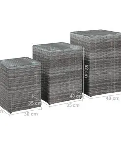 vidaXL Side Tables 3 pcs with Glass Top Grey Poly Rattan