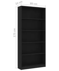 vidaXL 5-Tier Book Cabinet Black 80x24x175 cm Chipboard