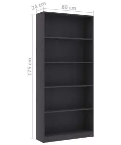 vidaXL 5-Tier Book Cabinet Grey 80x24x175 cm Chipboard
