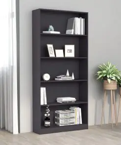 vidaXL 5-Tier Book Cabinet Grey 80x24x175 cm Chipboard