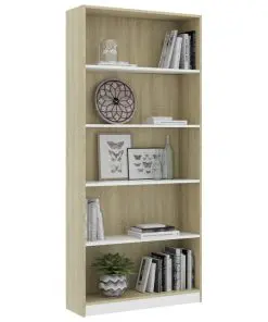 vidaXL 5-Tier Book Cabinet White and Sonoma Oak 80x24x175 cm Chipboard