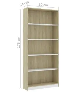 vidaXL 5-Tier Book Cabinet White and Sonoma Oak 80x24x175 cm Chipboard